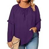 Eytino Womens Plus Size Tops Long Sleeve Crewneck Dressy Casual Chiffon Blouse Flowy Shirts(1X-5X)