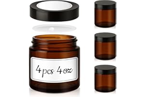 TECOHOUSE 4 oz Glass Jars with Lids, 4 Pack Amber Glass Jars with Black Lids Leakproof Round Airtight Empty Cosmetic Travel Containers with Inner Liners For Lotions Powders and Candle Making