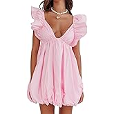 hibshaby Summer Mini Dress Deep V-Neck Babydoll Dress Bubble Dress Backless Lace Up Sexy Short Dress