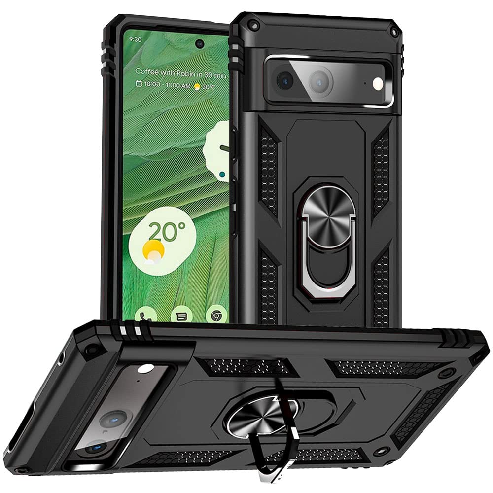 for Pixel 7 Case, Google Pixel 7 Case, Silicone Shockproof Military Grade Protective Phone Cover with Ring Kickstand for Google Pixel 7 (Black)