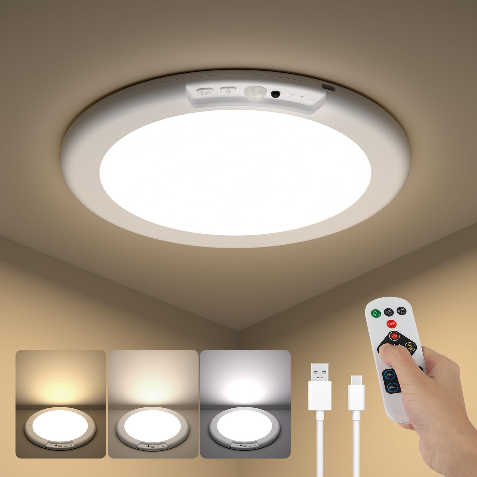 Kambo LED Ceiling Light with Motion Sensor – Dimmable Rechargeable Lamp – Wireless Light with Remote Control for Garage Hallway Bedroom