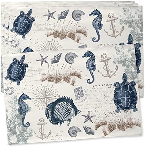Set of 4 - 13 x 13 Blue Beach Theme Kitchen Placemat, Nautical Coastal Animal Print Placemats Whimsical Maritime Motif Dining Room Table Linen Place Mats Sea Horse Turtle Sea Shells Rectangle, Cotton