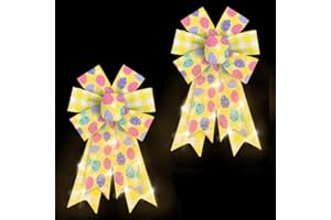 THREETOLS 2PCS LED Easter Wreath Bows, LED Light Yellow Buffalo Plaid Bows for Wreath for Easter Party Indoor Outdoor Burple Decorative Bows Spring Colorful Eggs Tree Bows for Front Door Decorations