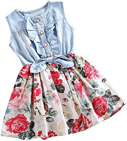 Ncybaby Flower Girl Dresses Denim Floral Print Sundress Princess Skirt White 0-1 T