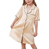 QPANCY Girls Satin Nightgowns Button Down Silky Sleepwear Pajamas Short Sleeve Princess Night Dresses Loungewear