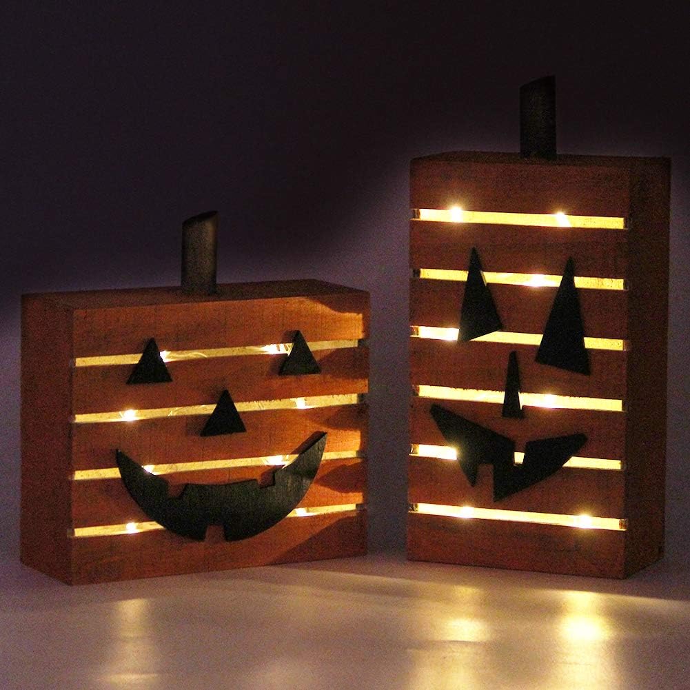 MorTime 2 Pack Pumpkin Wooden Light Halloween Decorations, Harvest Fall Thanksgiving Party Decoration with LED Light