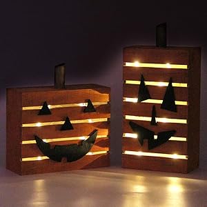MorTime 2 Pack Pumpkin Wooden Light Halloween Decorations, Harvest Fall Thanksgiving Party Decoration with LED Light