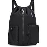 WANDF Drawstring Backpack Sports Gym Bag with Shoes Compartment, Water-Resistant String Beach Sackpack Swim Bag for Women and Men (Black)