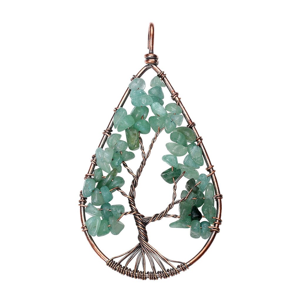 QGEM Bijoux Collier Pendentif Chakra Arbre de Vie en Pierre Naturelle Forme Goutte d\'Eau Porte-bonheur Enérgie Healing(Aventurine vert)