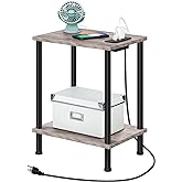 HOOBRO Side Table with Charging Station, End Table with USB Ports and Outlet, Nightstand with 2-Layer Storage Shelves for Small Spaces, Living Room, Bedroom, Stable Frame, Greige and Black BG09UBZ01