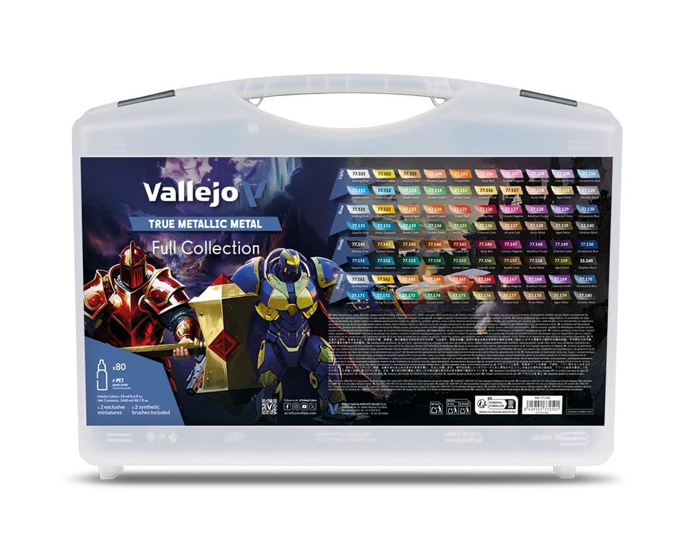 Vallejo True Metallic Metal Set – Complete Collection of 80 Colors, 20 Color Families, Brushes and Exclusive Figures for Painting and Airbrushing