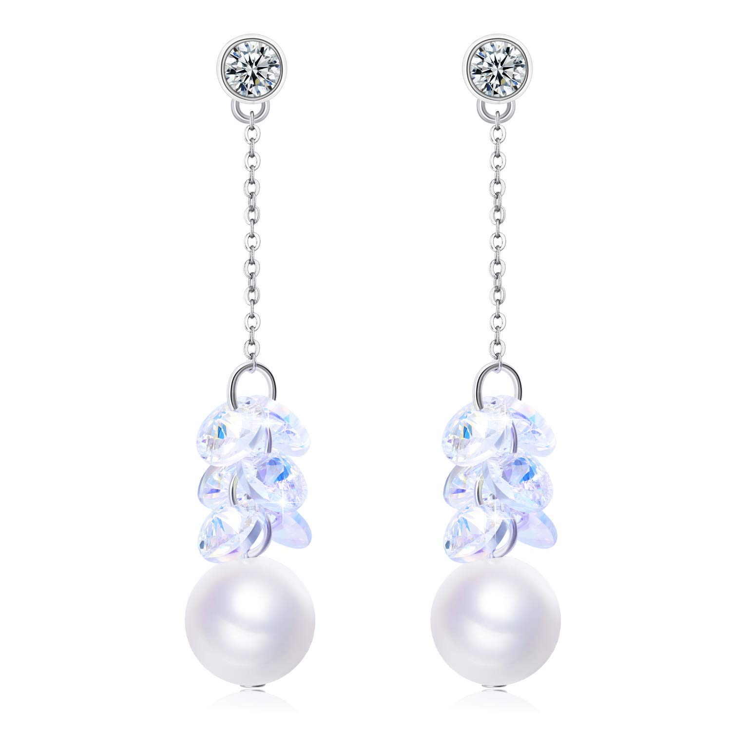 925 Sterling Silver Pearl Drop Earrings for Women, Long Dangle Earrings with Sparkling Cubic Zirconia Studs and Cluster Aurora Borealis Crystals, Elegant Bridal Wedding Christmas Jewelry Gift