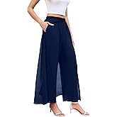 WANGZHI Women's Wide Leg Dress Pant Elegant Party Elastic Waist Trouser with Pockets