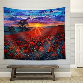Original Oil Painting of Opium Poppy(Papaver Somniferum) Field in Front of Beautiful Sunset on Canvas - Fabric Wall Tapestry Home Decor - 51x60 inches