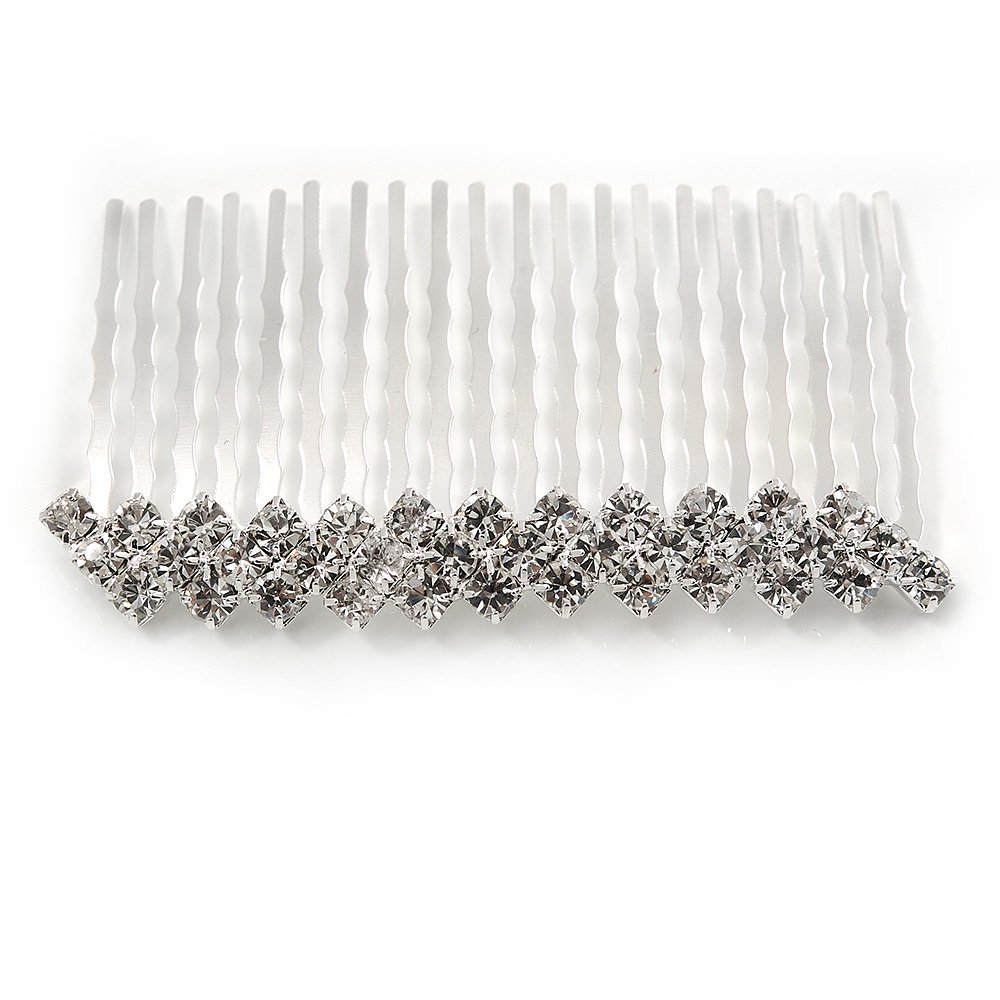 Rhodium Plated Clear Crystal Plain Hair Comb - 65mm