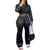 Tbahhir 2 Piece Sexy Leather Outfits for Women Slim Fit Sets Long Sleeve Crop Top and Flare Pants with Pockets PU Suits