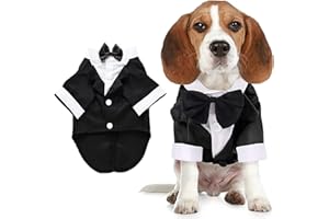 QIDELONG Dog Shirt Puppy Clothes, Pet Wedding Suit Formal Tuxedo with Black Bow Tie, Dog Outfit for Small Medium Dogs Cats, Dog Weding Attire Dress Up Cosplay Prince Costume Gentleman Apparel (Medium, Black)