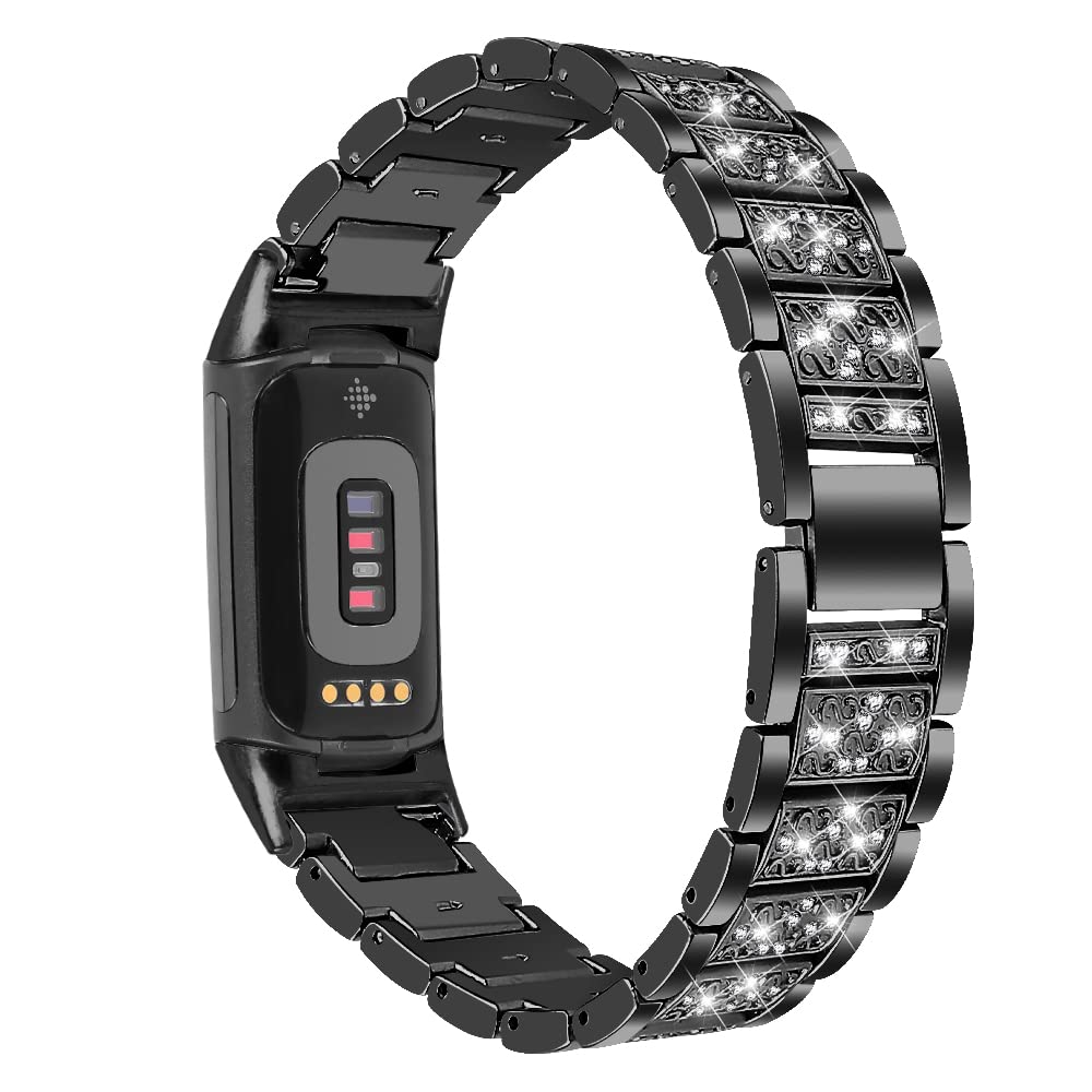 AISPORTS Compatible with Fitbit Charge 6/Charge 5 Strap for Women, Crystal Bling Glitter Diamonds Rhinestones Jewelry Metal Adjustable Wristband Bracelet Replacement Strap for Fitbit Charge 6/Charge 5