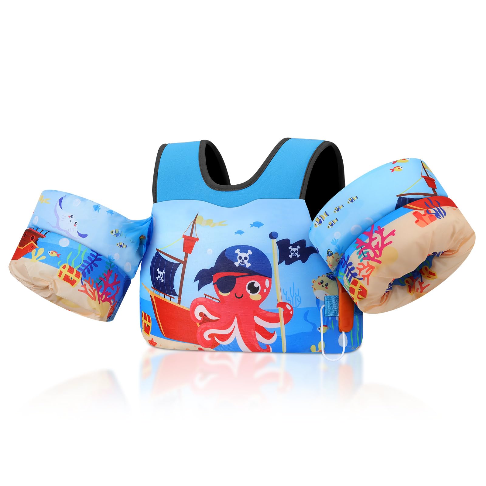 MoKo Toddler Swim Vest - Cute Toddler Floaties with Emergency Whistle for Boys and Girls 13-20-30 lbs Water Wings Arm Band Floaties Swim Training Equipment for Beach Swimming Pool Sea, Blue Octopus Image