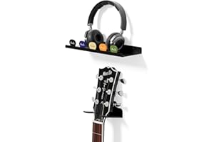 JNIHEEP Metal Guitar Wall Hanger with Pick Slot, Wall Mount & Accessories Shelf, Anti-Slip Padding for Electric, Acoustic Guitars, Ukulele, and Bass (Black)