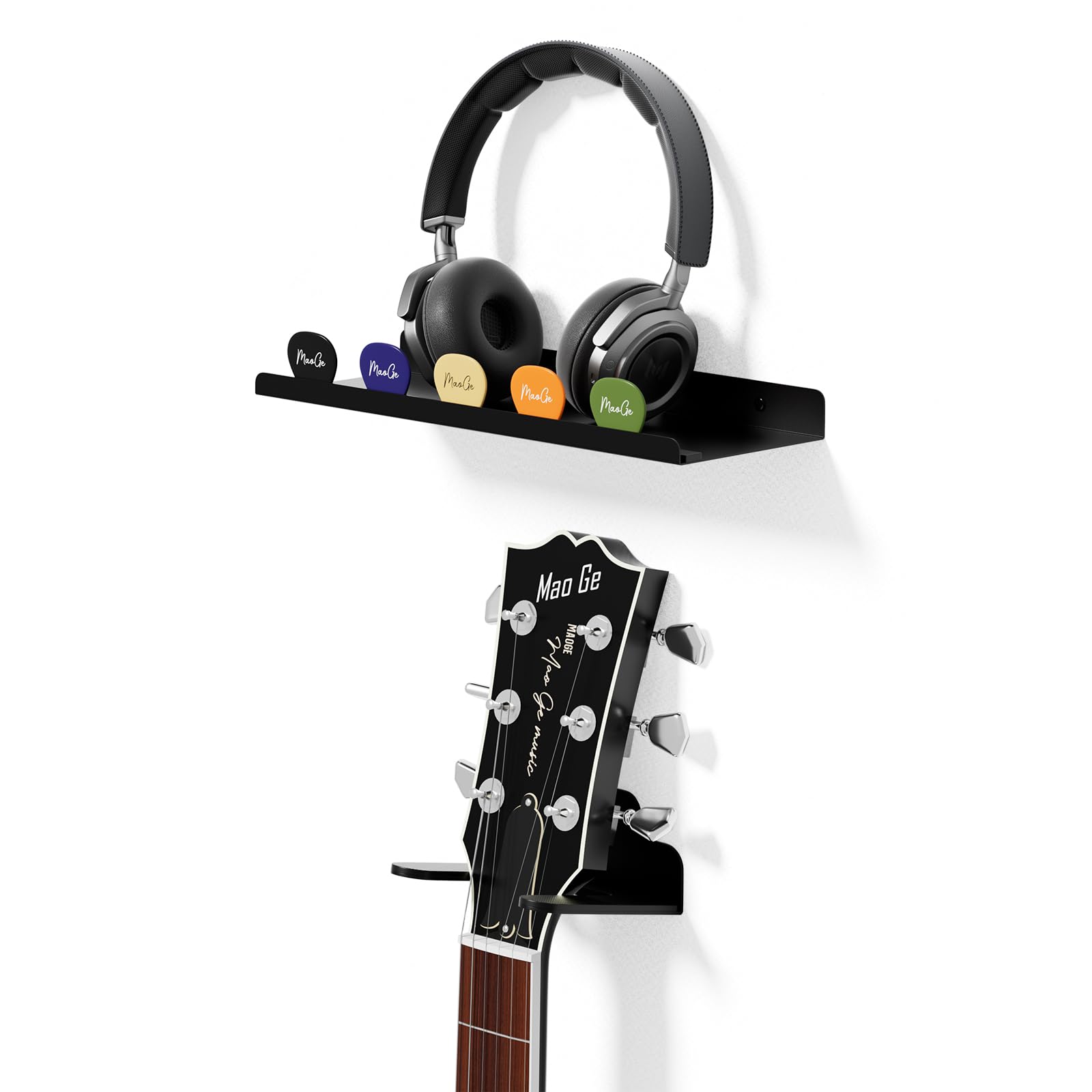 Photo 1 of JNIHEEP Metal Guitar Wall Hanger with Pick Slot, Wall Mount & Accessories Shelf, Anti-Slip Padding for Electric, Acoustic Guitars, Ukulele, and Bass (Black)