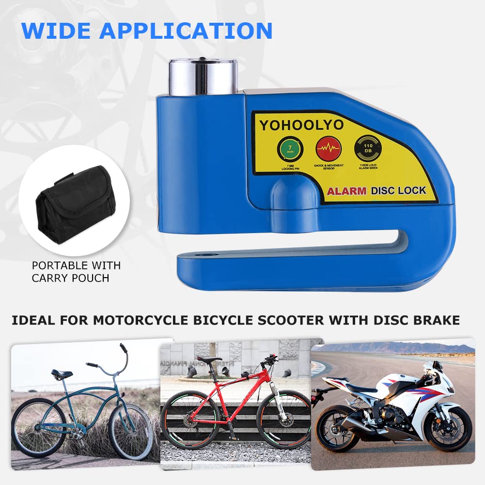 YOHOOLYO Alarm Disc Lock Motorcycle Disc Brake Lock Anti-Theft Waterproof 110 db 7mm Pin 5ft Reminder Cable for Motorcycles Bike Scooter Carry Pouch