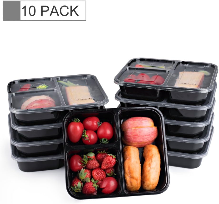 Glotech Item # SZ-304 34 Ounce Lunch Box Containers Set with Leak Proof Lid for Meal Prep and Portion Control in 3 compartment food containers-Microwaveable, Freezer & Dishwasher Safe,Pack of 10
