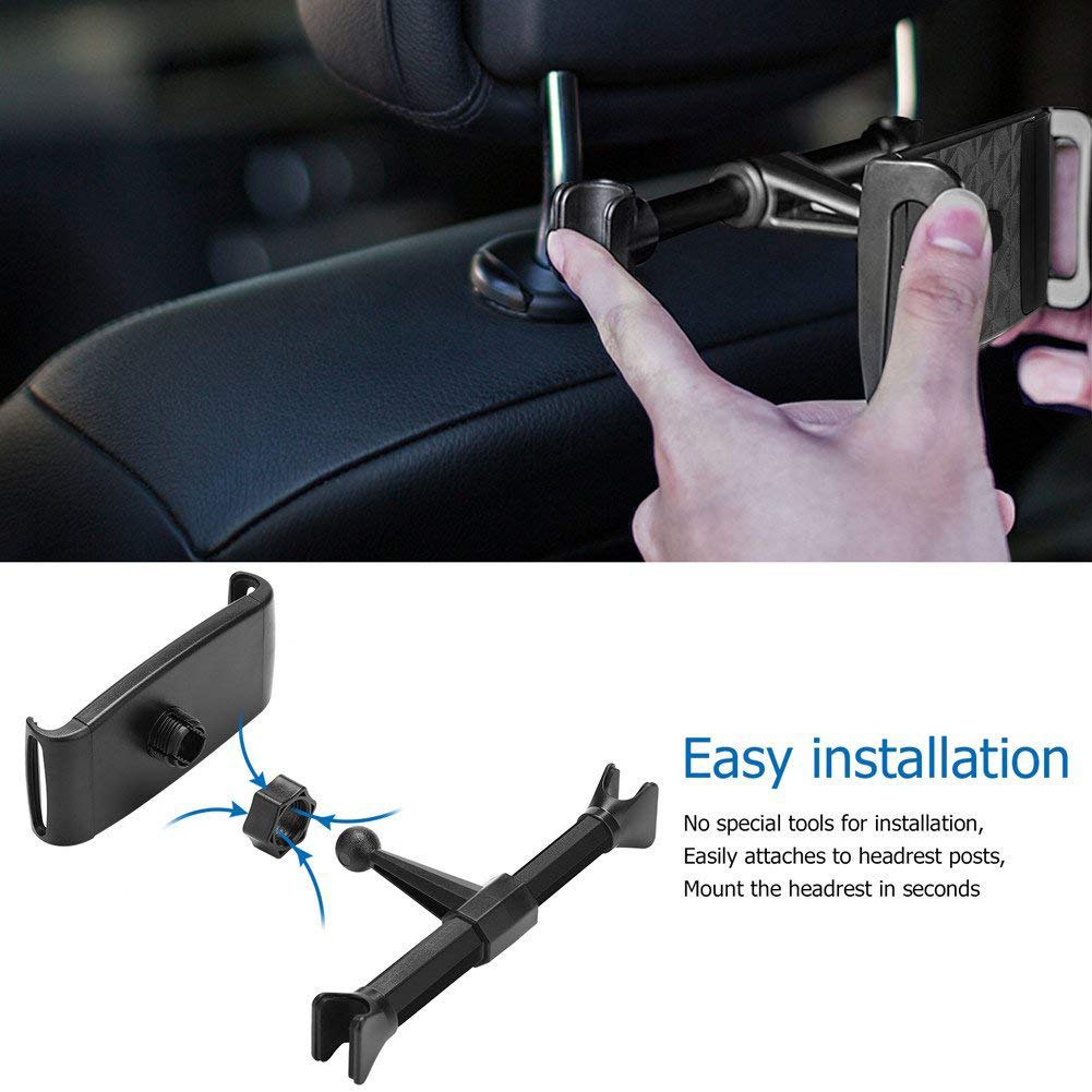 Worthown Headrest Tablet Mount Car Backseat DVD Headrest Mount Tablet Holder 360 Degrees Rotation Phone PC Clip Holder Support for 4.7-7.2 inch Phone for Kindle for ipad Mini Samsung (Black)