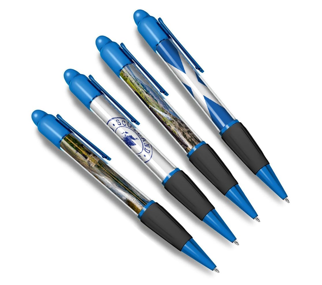 DV DESIGN Set of 4 Scotland Blue Ballpoint Pens - Scottish Loch Flag Travel Holiday Theme Stationary Boys Girls Men Women Pen Black Ink #81360