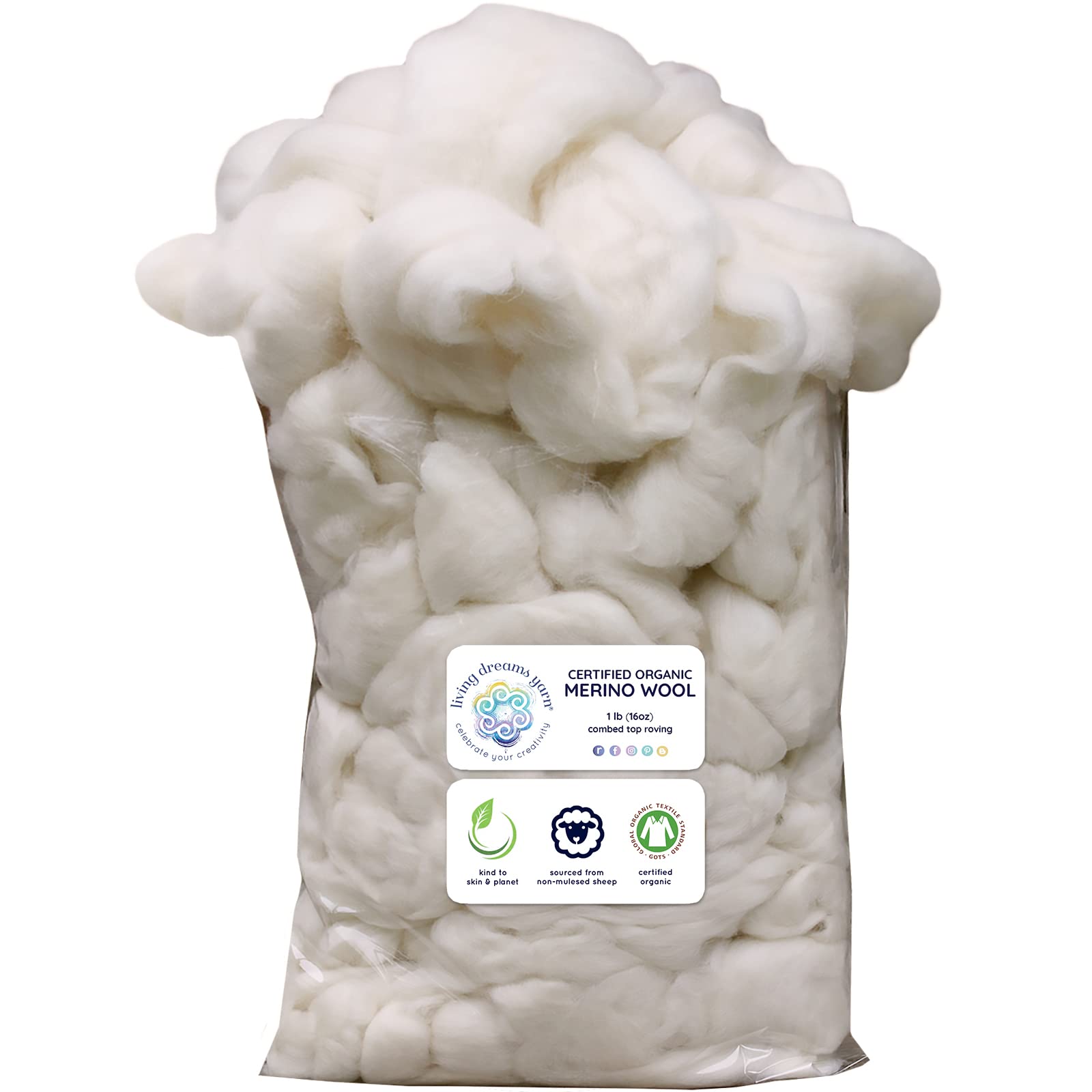 Certified Organic Merino Wool Roving. Ethically & Responsibly Sourced Fiber for Spinning, Felting, Filling and Dryer Balls - 1 LB Bag, Natural White Combed Top