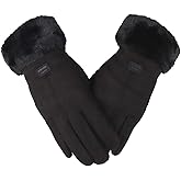 F Flammi Women's Winter Suede Gloves with Fur Cuffs - Soft, Warm, Touchscreen, Fleece Lined