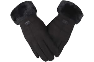 F Flammi Women's Winter Suede Gloves with Fur Cuffs - Soft, Warm, Touchscreen, Fleece Lined