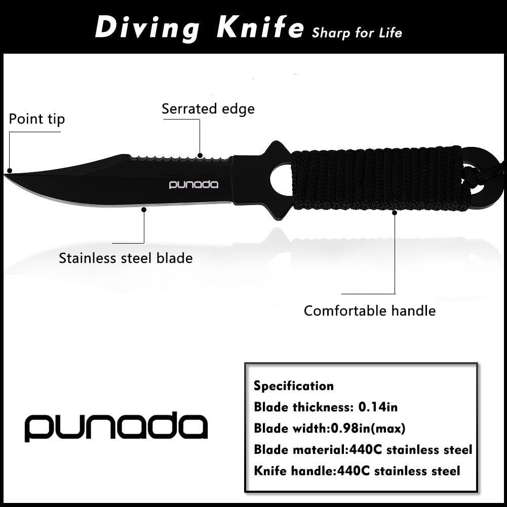 Scuba Diving Knife with Leg Straps 2 Pairs, Black Tactical Knife with 2 Types Sheath, Stainless Steel Diving Knives for Scuba Diving, Spearfishing, Snorkeling, Hiking, Outdoor Use: Home Improvement