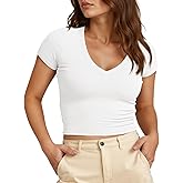 Tankaneo Womens Crop Tops Ribbed V Neck Short Sleeve Summer Basic Tees Slim Fit Y2k Shirts