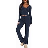 FWBBG Womens 2 Piece Lounge Sets Long Sleeve Crop Tops V Neck Flare Pants Set Fall Y2k Casual Outfits