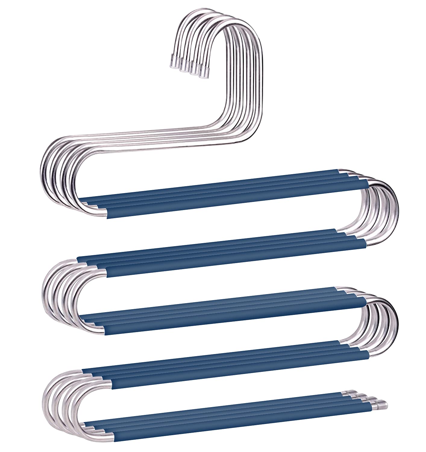 S-Shape Non Slip Space Saving Trouser Hangers - 4 Pack Stainless Steel Closet Organizer for Pants, Jeans, Scarf, Towel (Blue)