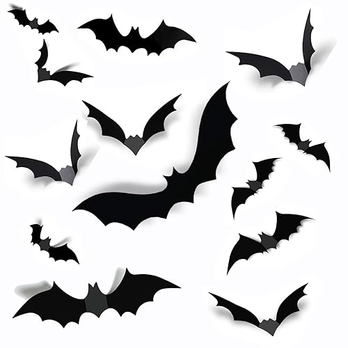 60 Pcs Bats Halloween Decoration，4 Size 3D Bats Wall Decor，Halloween Decorations Outdoor/Indoor，Hanging Plastic Bat Halloween Stickers Décor for Bathroom/Party/Birthday/Home/Window