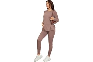 OYOANGLE Women's Maternity Rib Knit Round Neck Knot Side Tee Tops and Leggings Pants Sets