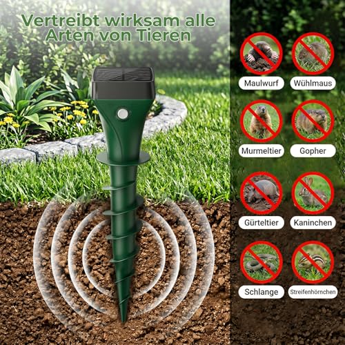 Mole Repeller Pack of 4, Solar Mole Repellent with Ultrasonic & AI Changing Frequency, Effective Vole Repellent Against Moles and Voles, IP65 Waterproof for Garden and Outdoor Use