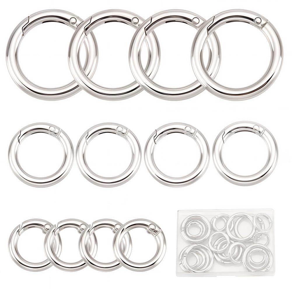 SUNNYCLUE 1 Box 24Pcs 3 Sizes Spring O Rings Bulk Silver Round Carabiners Spring Gate Ring Clasps O Clasp Connector Findings for Jewellery Making DIY Keyrings Bags Purse Supplies
