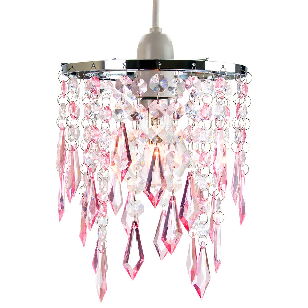 Modern Waterfall Design Easy Fit Pendant Shade with Clear/Pink Acrylic Droplets and Beads - Chrome Metal Rings - 16cm Diameter by Happy Homewares