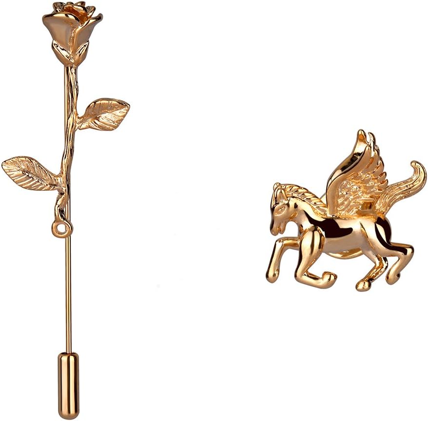 2 Pcs Flower and Horse Solid Brass Classic Lapel Pin, Stick Brooch Pin Badge for Men, Golden