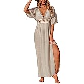 CUPSHE Women Swimsuit Coverup Deep V Neck Half Sleeve Maxi Coverup Dress