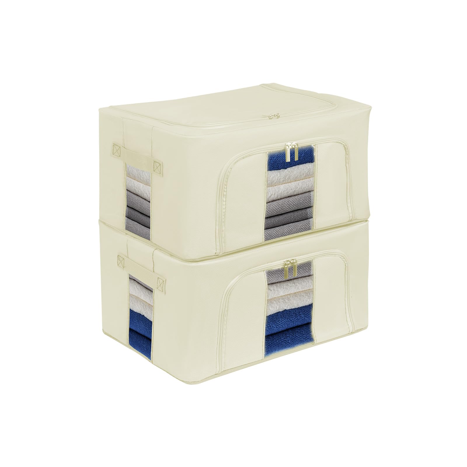 Womanht 2 Pack Closet Organizers and Storage, Foldable Oxford Steel Frame Storage Box with Clear Window & Carry Handles, Stackable Storage Bins Boxes for Clothes & Beddings & Blankets-Khaki 24L