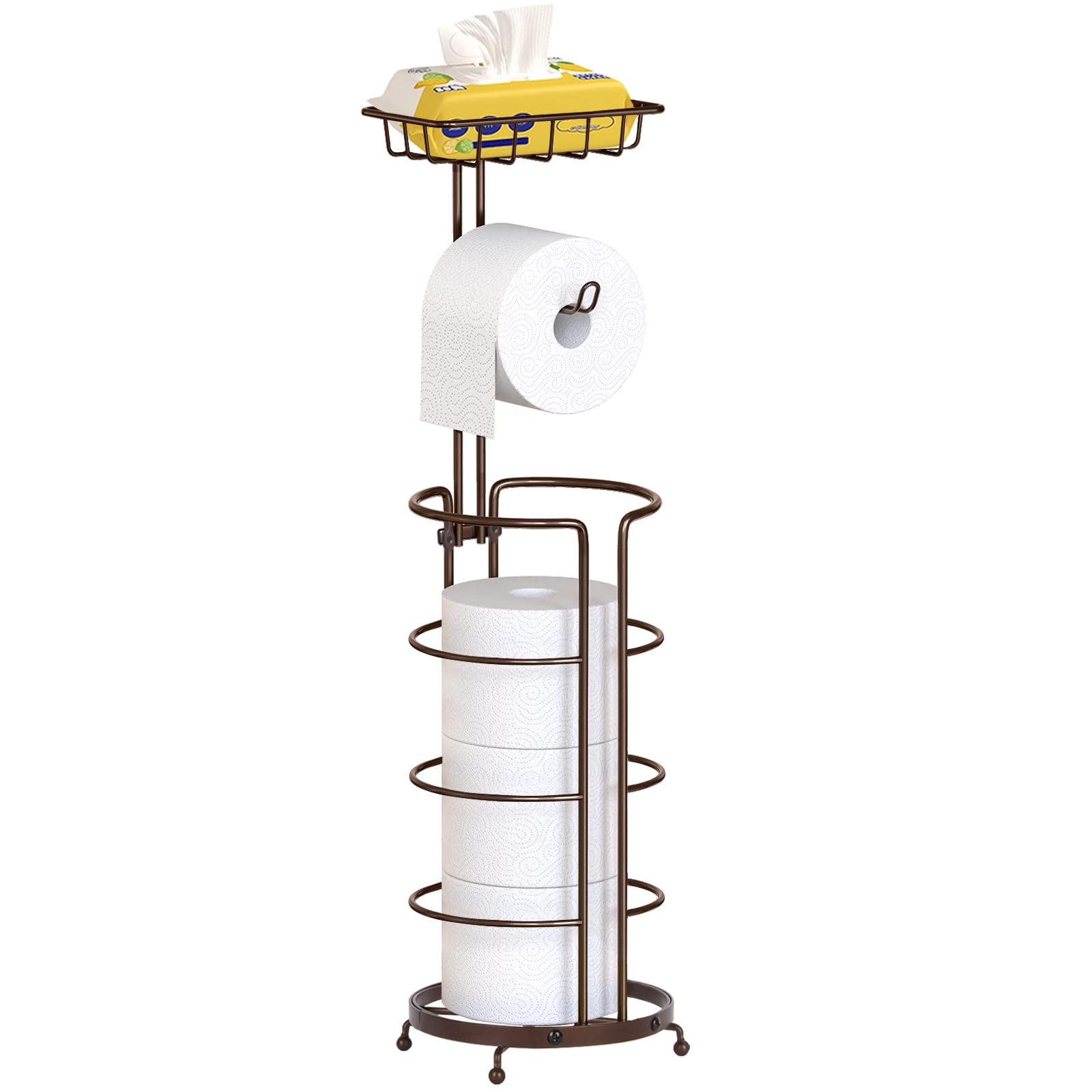 Freestanding Toilet Paper Holder, Standing, No Drilling, Metal Toilet Paper Storage for Bathroom, Toilet Paper Roll Shelf for 5 Paper Rolls with Shelf, Bronze