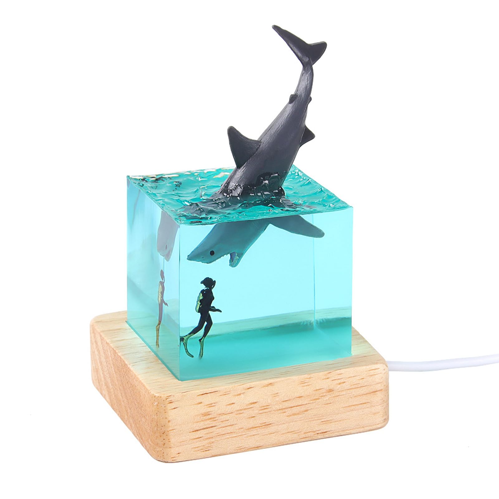 Tuzsocr 3D Epoxy Resin Lamp,LED Whale Night Light,Sea Diver and Shark Cube Lamp,Realistic Ocean Animals Sculpture,Whale Model with Woodern Base 70mm,Unique Style Gift for Ocean Lovers (Style 1 + Base)