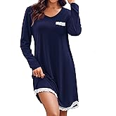 Ekouaer Womens Long Sleeve Nightgowns V Neck Sleepshirts Lace Nightshirts Casual T-shirt Sleep Dress with Pocket