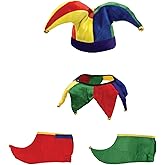 Adult Clown Court Jester Hat Collar Shoes Joker Accessories Set Costume 3 Piece Kit