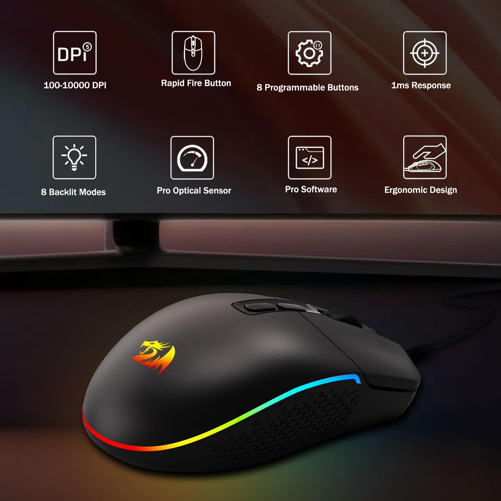 Redragon M719 Antonium RGB Gaming Mouse, 10,000 DPI Optical Wired Gamer Mice with 8 Programmable Buttons & 8 Backlit Modes, Software Supports DIY Keybinds Rapid Fire Button
