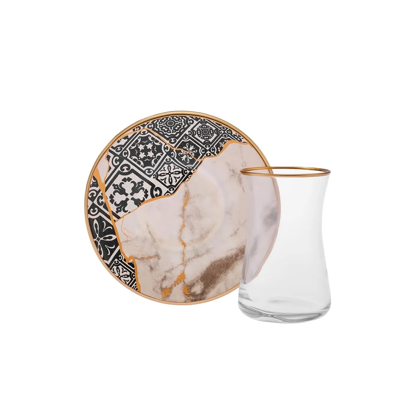 KARACA Aris 12-Piece Turkish Tea Glasses for 6 People, 150ml Glass Tea Cups with Multicolor Patterned Saucers, Gold Trim